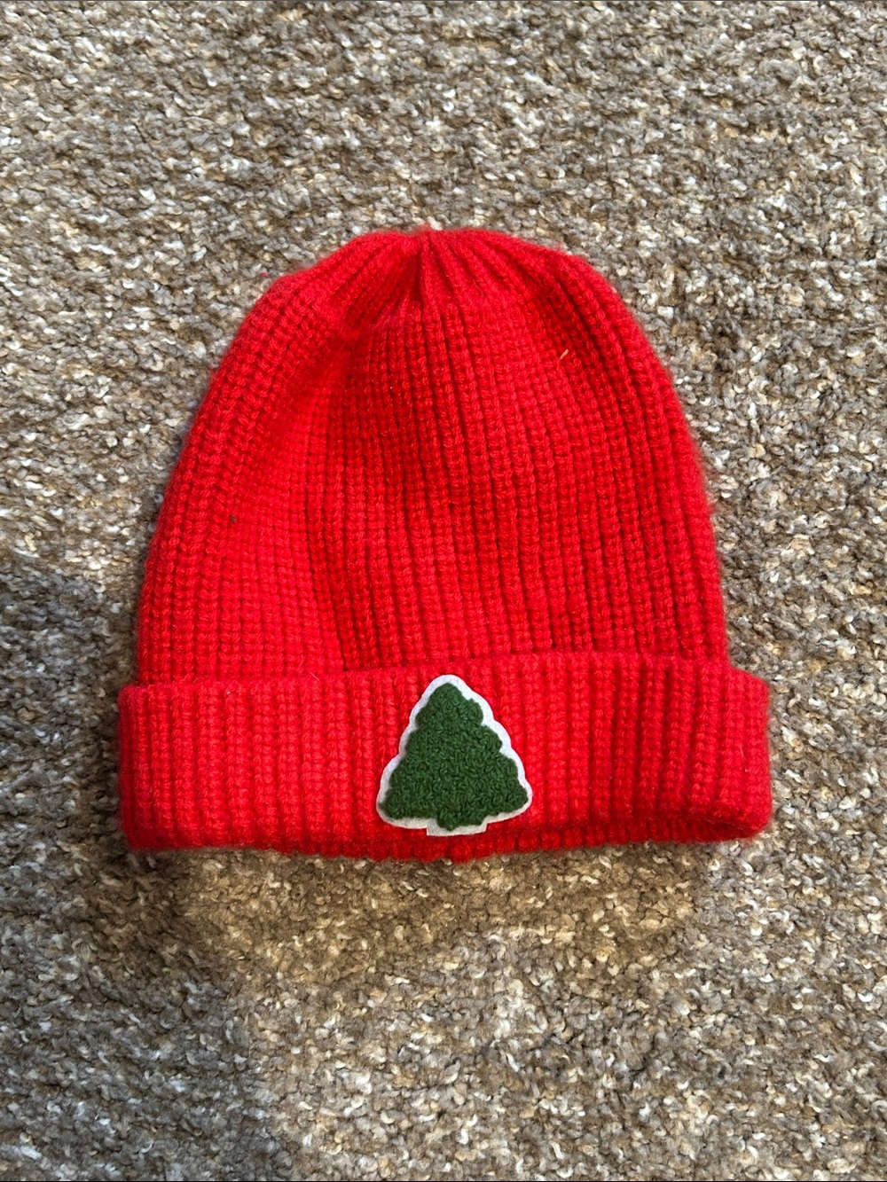 Kids Red Knit Beanie with Green Tree Patch